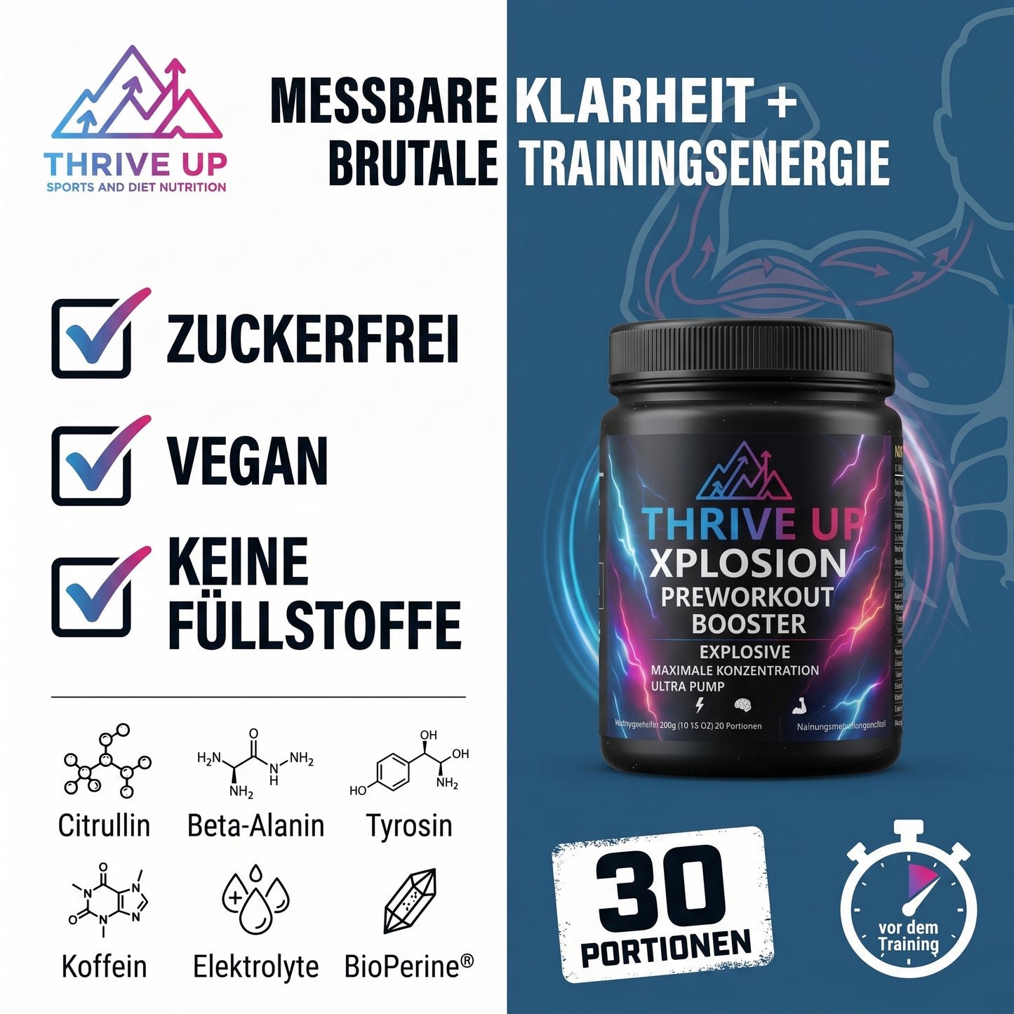 THRIVE UP XPLOSION Preworkout Booster – Explosiver Fokus, Maximale Power & Ultra Pump – 30 Portionen